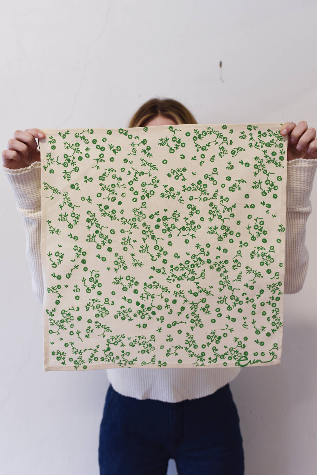 Set of 2  Hand Printed Linen Napkins in new ASTER pattern: Green