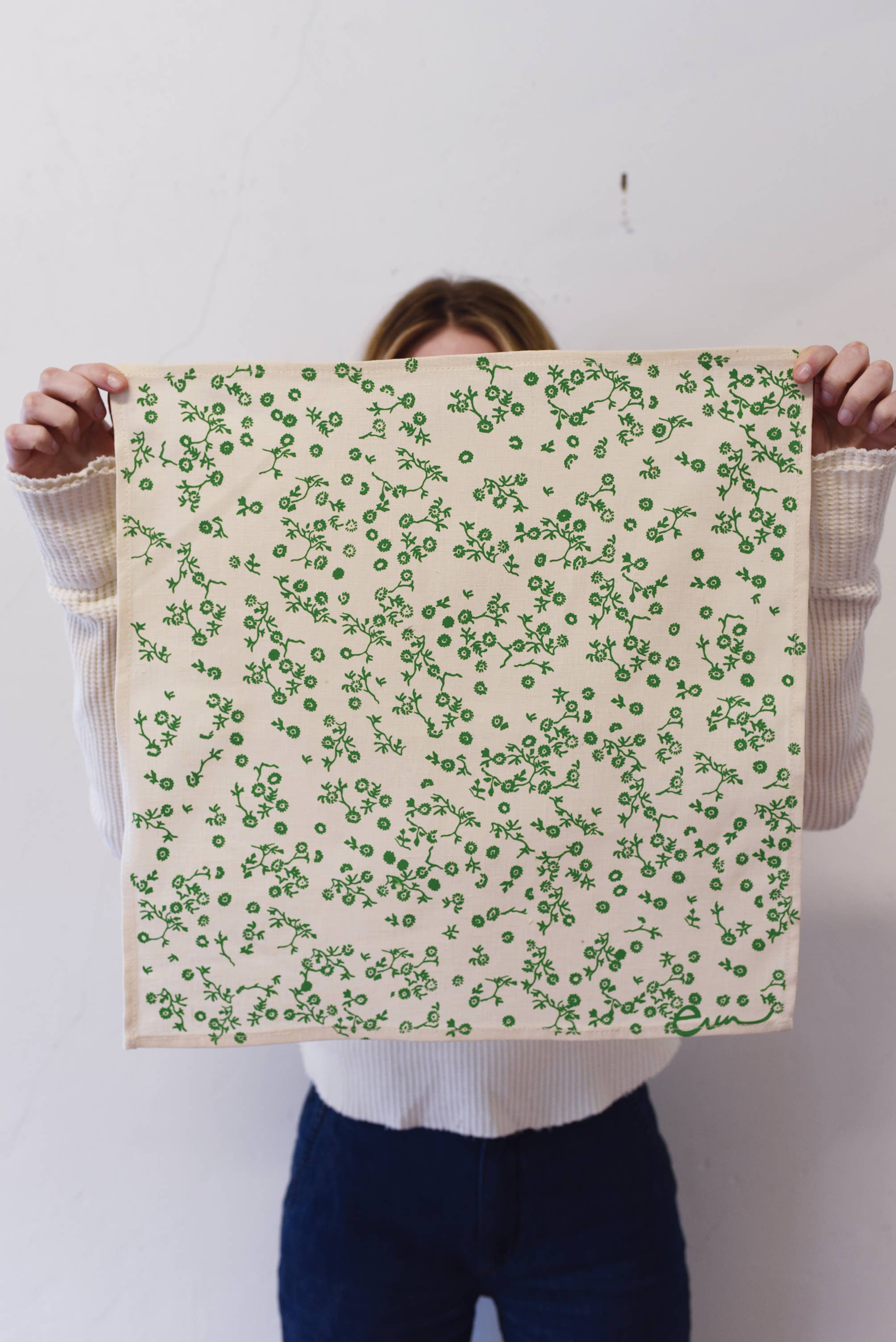 Set of 2  Hand Printed Linen Napkins in new ASTER pattern: Green