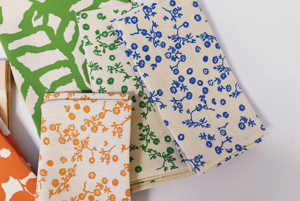 Set of 2  Hand Printed Linen Napkins in new ASTER pattern: Green